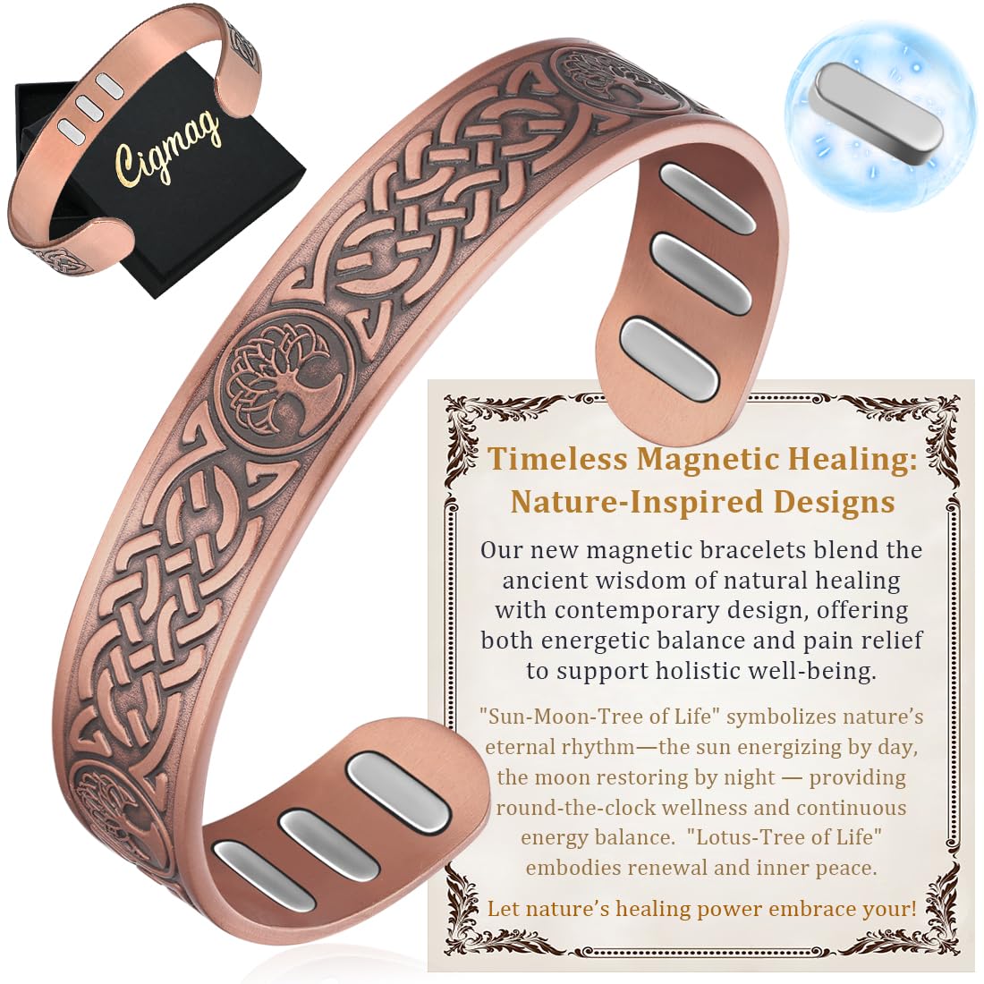 Cigmag Copper Magnetic Bracelet for Men, with Powerful 9X 5000 Gauss Magnets, Adjustable Solid Pure Copper (Lotus Life Tree)