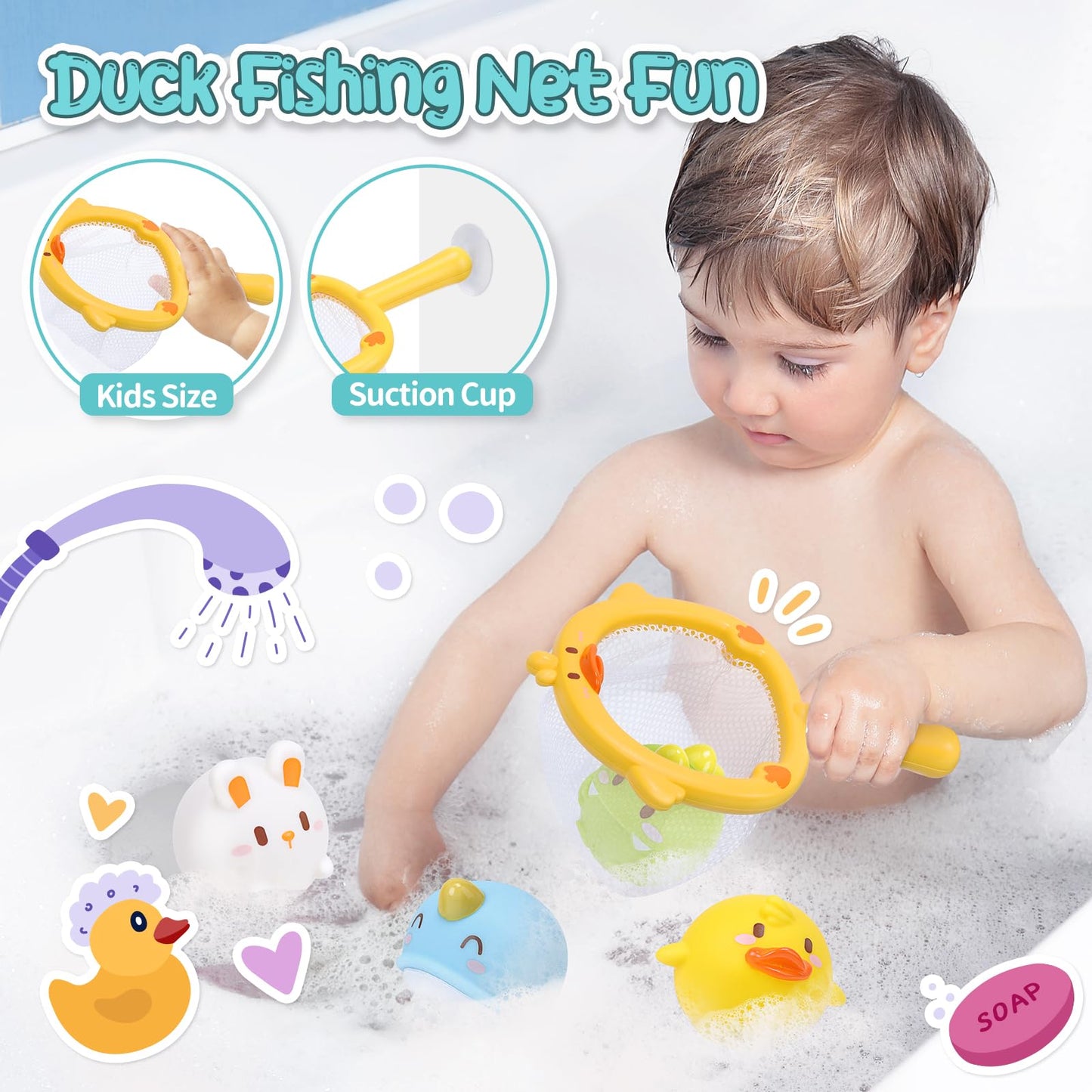CUTE STONE Baby Bath Toys, No Hole Floating Squirting Bathtub Toy W/ Water Slide Building Track, Duck Fishing Net Game, Toddler Shower Toys, Water& Pool Toys, Educational Gifts for Boys Girls