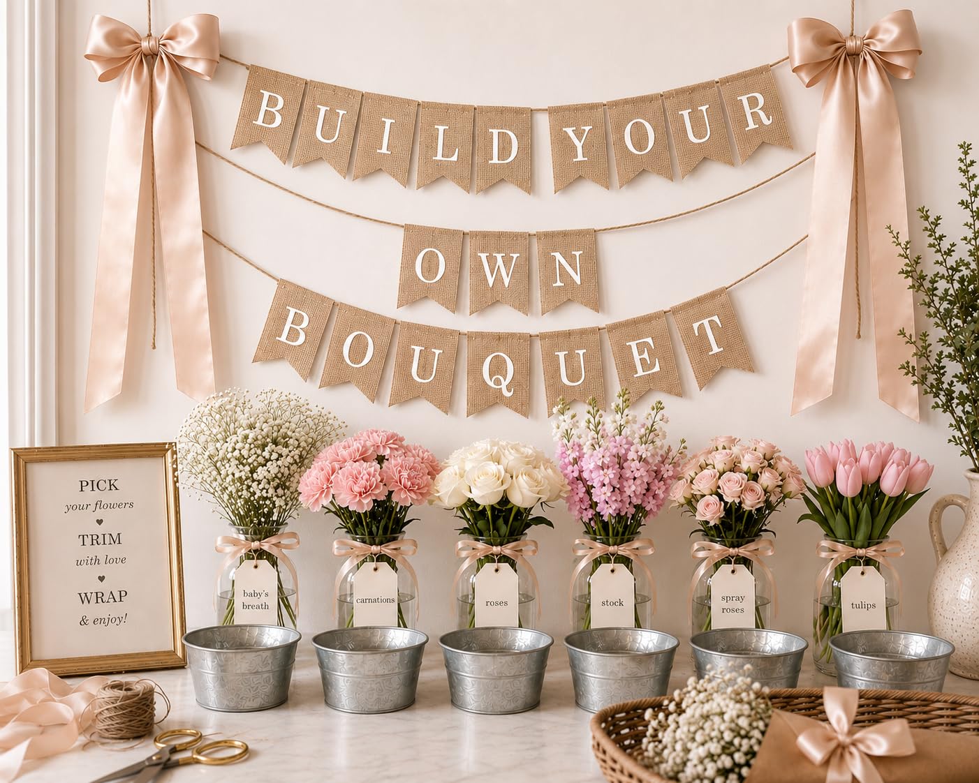 Pre-Printed Banner Kit – 97 BURLAP Flags with WHITE Letters, Numbers & Symbols, Reusable DIY Custom Banner, Make Your Own Personalized Banner for Aesthetic Party Decor, Natural Linen-Look Burlap, Includes Twine & Needles