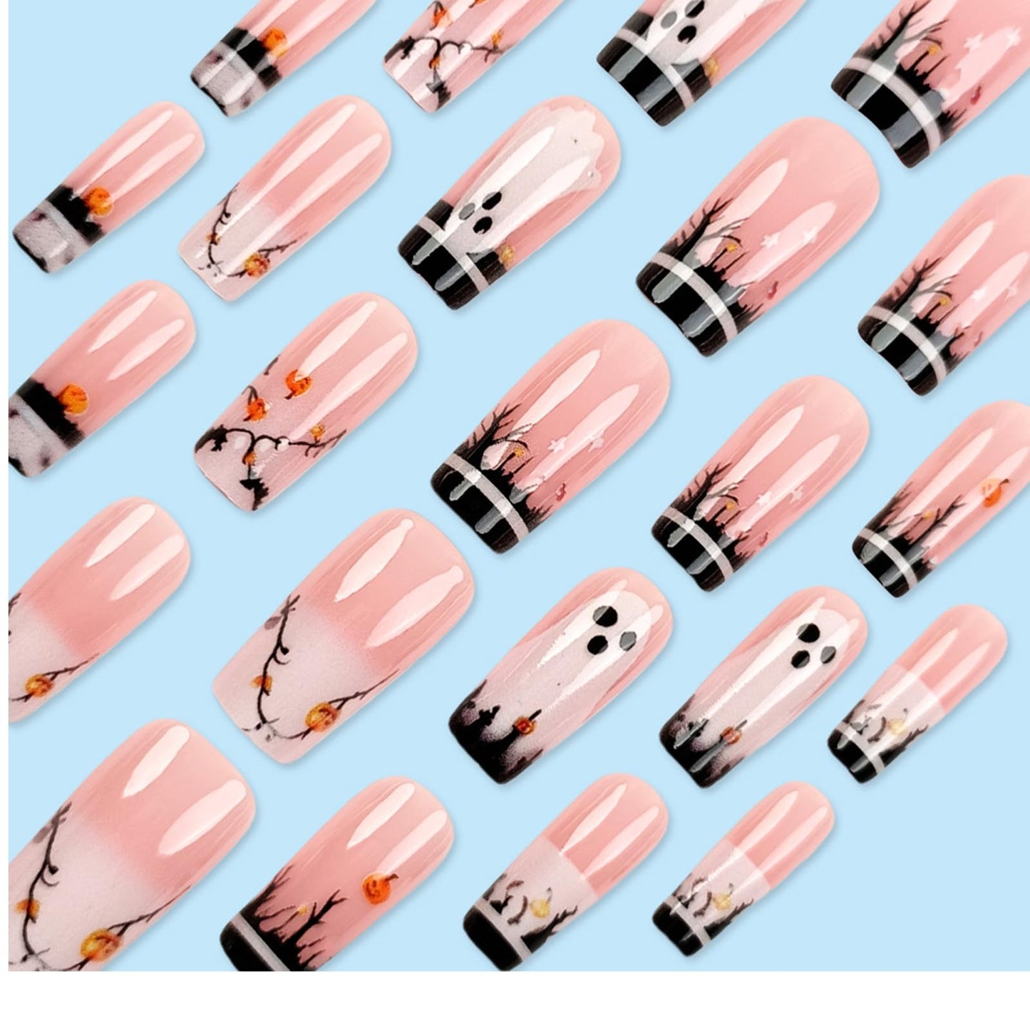 24Pcs Halloween Ghost Press on Nails Short Square Fake Nails with Glitter Pumpkin Designs False Nails Black Forest French Artificial Acrylic Stick on Nails for Women Halloween Medium Decoration