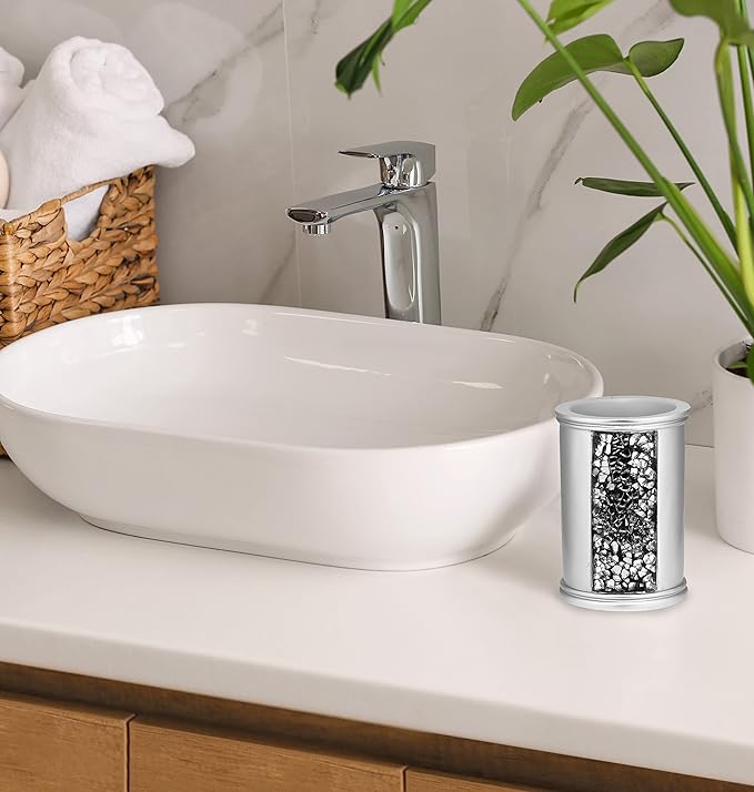 Zahari Home Sinatra Bath Tumbler Toothbrush and Toothpaste Holder Makeup Brushes Organizer, Silver