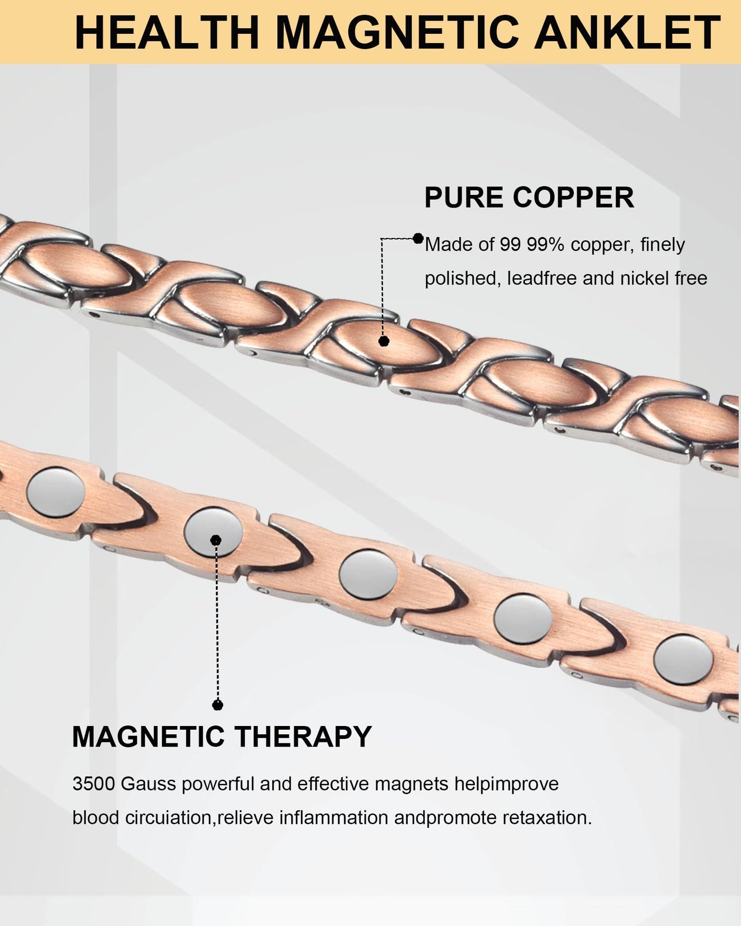 Copper Magnetic Bracelet Anklet, Magnetic Anklets for Women's Copper Jewelry with Adjust Tool