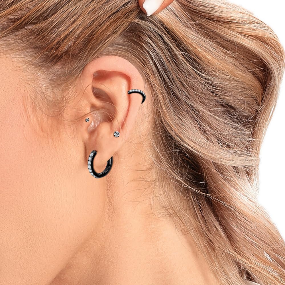 Black Hoop Earrings Sterling Silver Stud Earrings for Men Women 6 Pairs Hypoallergenic Tiny Cubic Zirconia Stud Set Cartilage Hoops 8mm 10mm 12mm