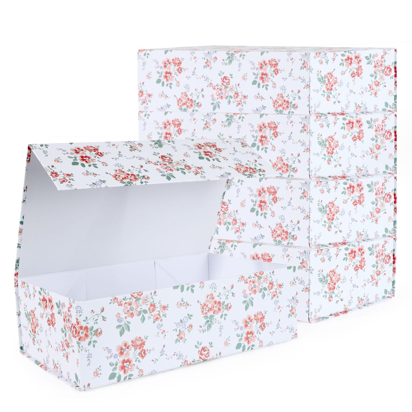 LFBOX Rose Floral Gift Box with Magnetic Lids 13.8x8.3x4.4 in, Large Bridesmaid Proposal Boxes, Rectangle Wedding Decorative Storage Box 5 Pack