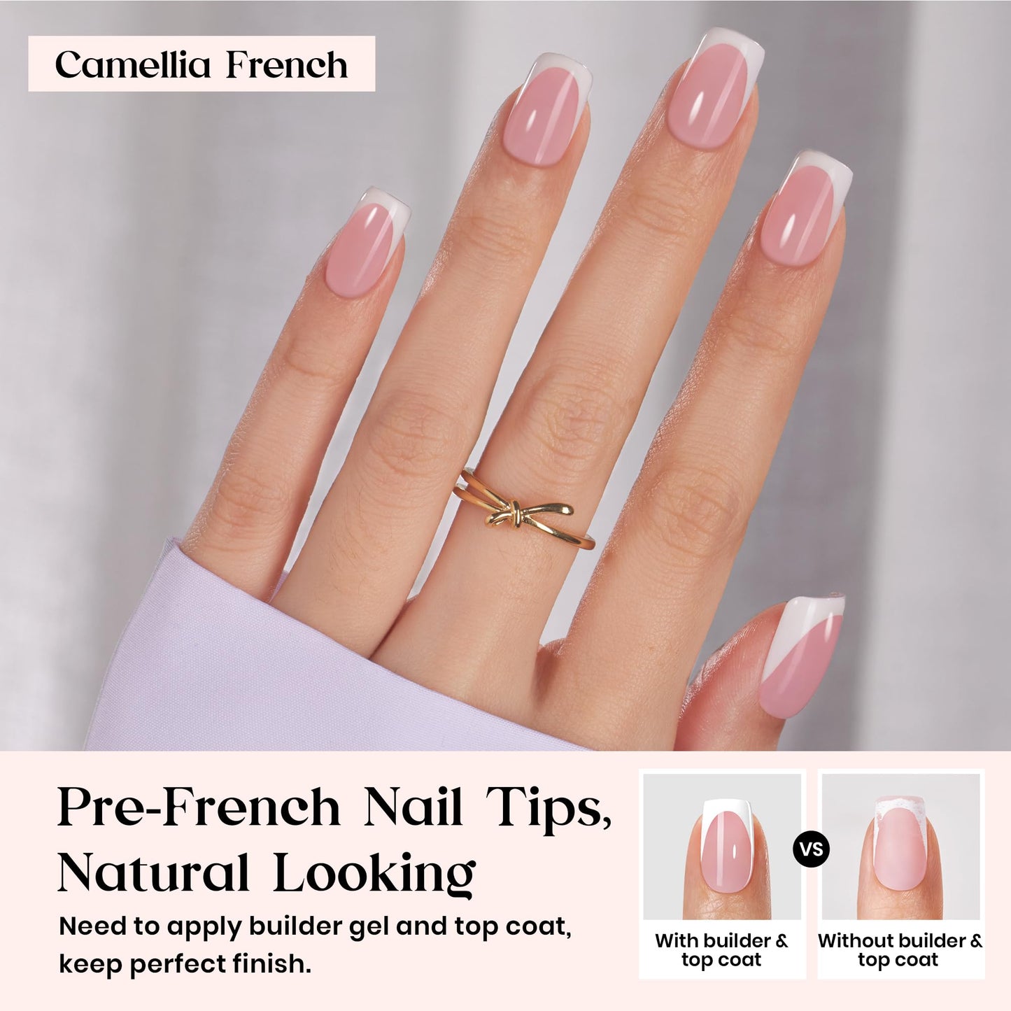 Beetles X Press Plus French Tip Nails - Camellia French | Pink Short Squoval Press On Nails | 16 Sizes 224 Pcs Natural Salon Quality Gel Nail Tips