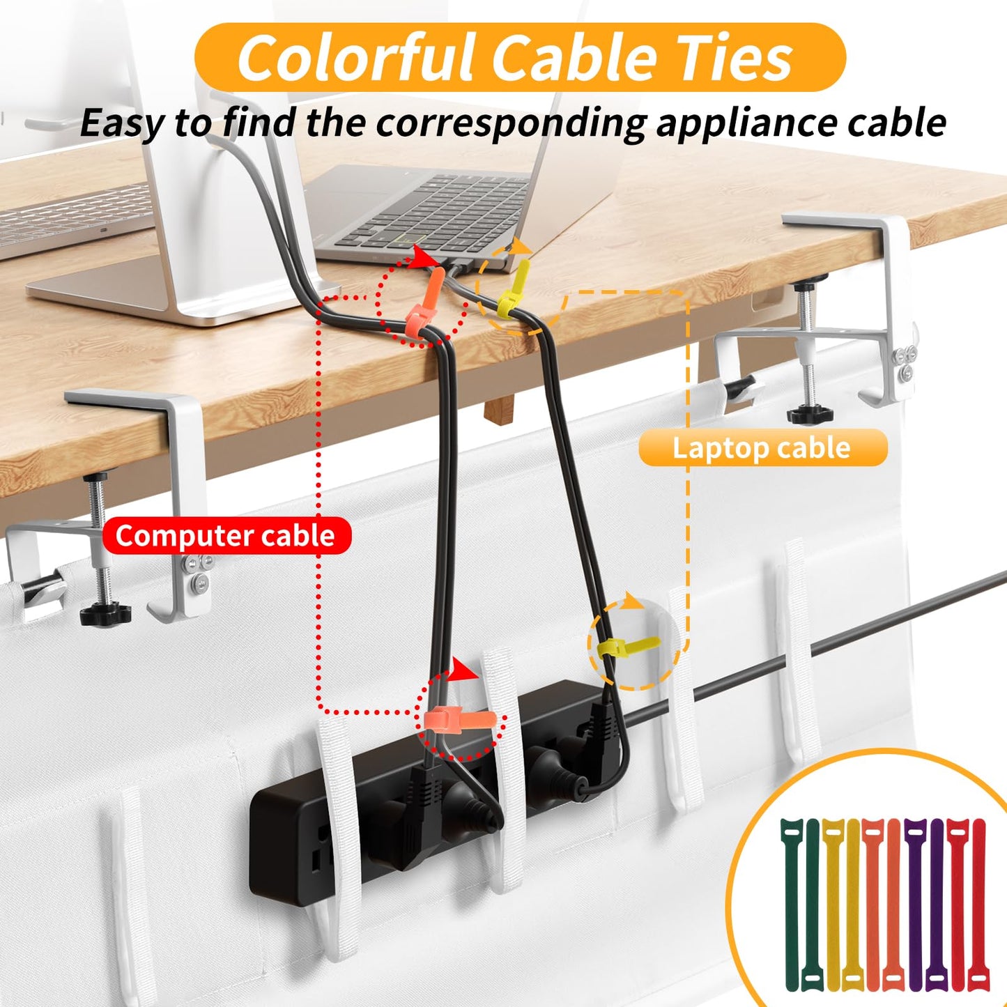 SUREUP9 Under Desk Cable Management Tray with Clamp, No Drill 36" Cord Organizer for Desk, Desk Cable Management Fabric Tray for Standing Desks, Ideal for Home & Office - White
