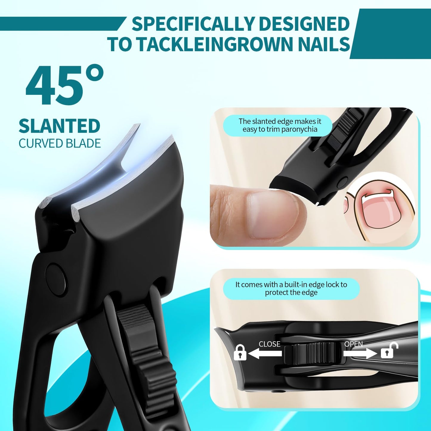 Upgraded ingrown toenail Clippers Set for Thick Nails for Seniors Ergonomic Angled Head and Heavy-Duty Long Handle for Thick Nails, Wide Jaw Nail Cutter with Catcher for Women and Men