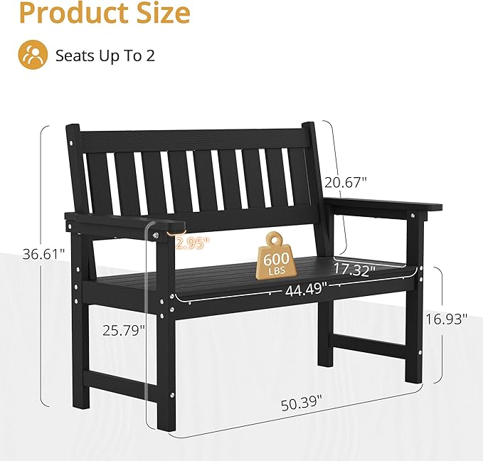 LUE BONA Outdoor Bench, 2-Person HDPS Garden Bench, Outdoor Benches Weatherproof, All-Weather Fade/Rot Resistant Patio Bench for Park, Front Porch, Backyard (Black)
