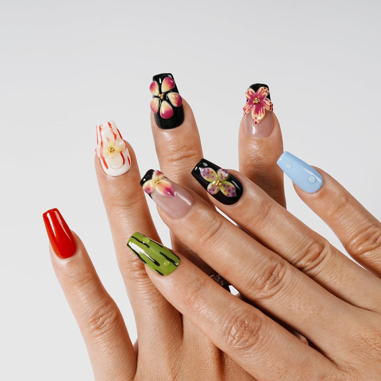 Tesytto Dopamine Tropical Press-On Nails Short Coffin, 3D Floral French Tip Glossy Fake Nails Nail Art for Summer Beach (Tropical Floral Shadow,S)