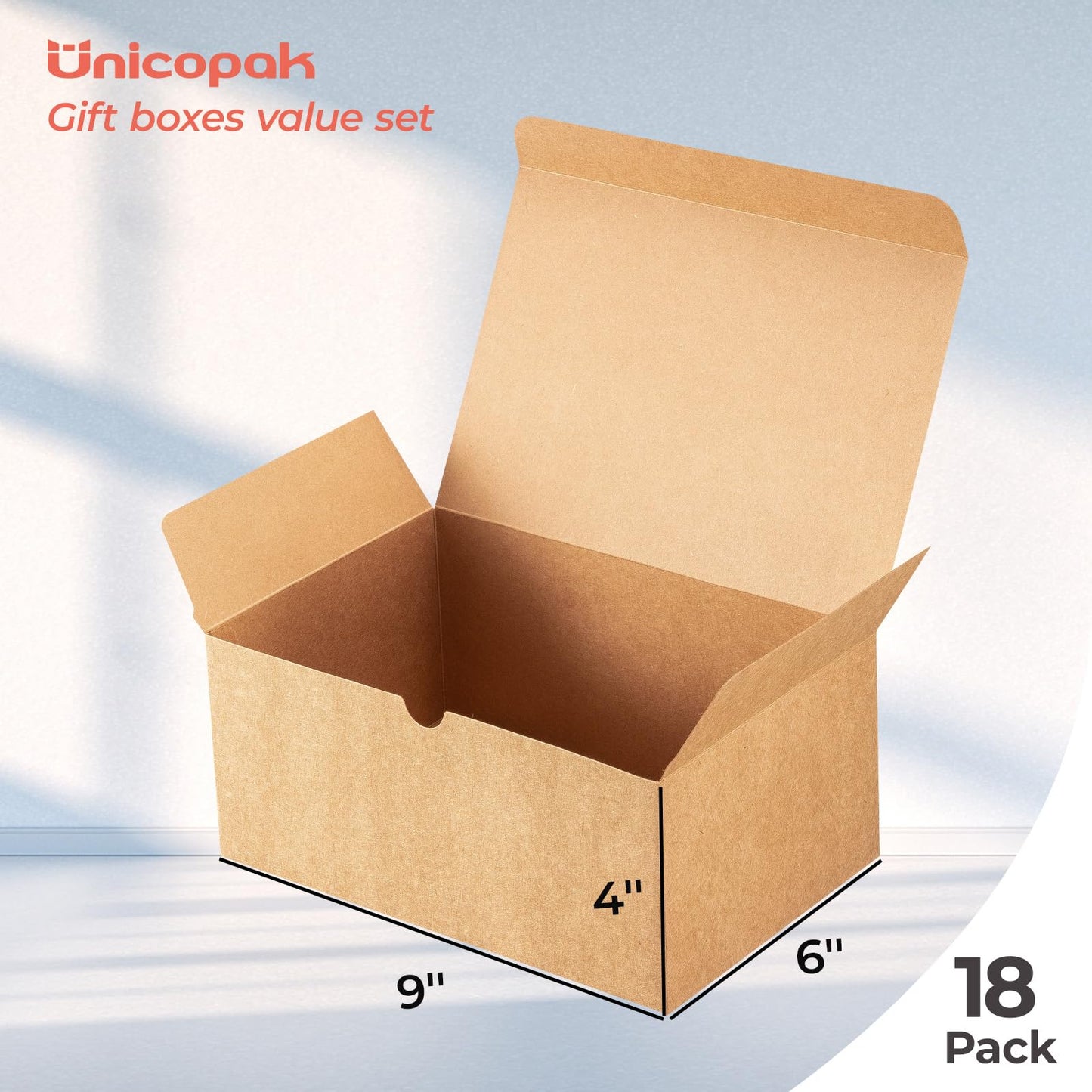 UnicoPak 18 Pack 9x6x4 Gift Boxes Bulk Brown Kraft Gift Boxes with Lids for Presents for Gifts Birthday Wedding Bridesmaid Proposal Valentines Christmas