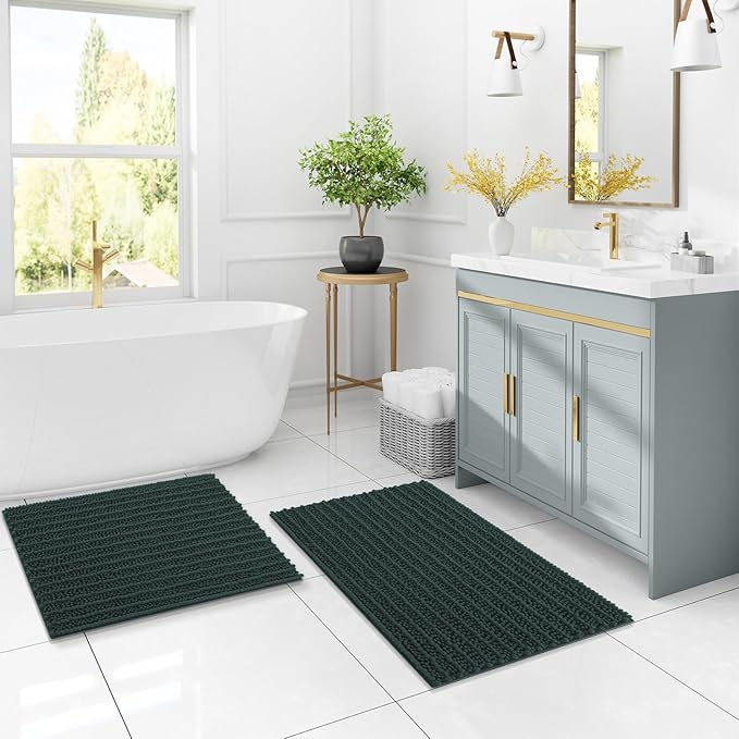 Arotive Luxury Chenille Bathroom Rug Mat, Extra Soft Thick Absorbent Shaggy Bath Rugs, Non-Slip Machine Wash Dry, Plush Bath Mats for Bathroom, Shower and Tub, 47x17, Dark Green