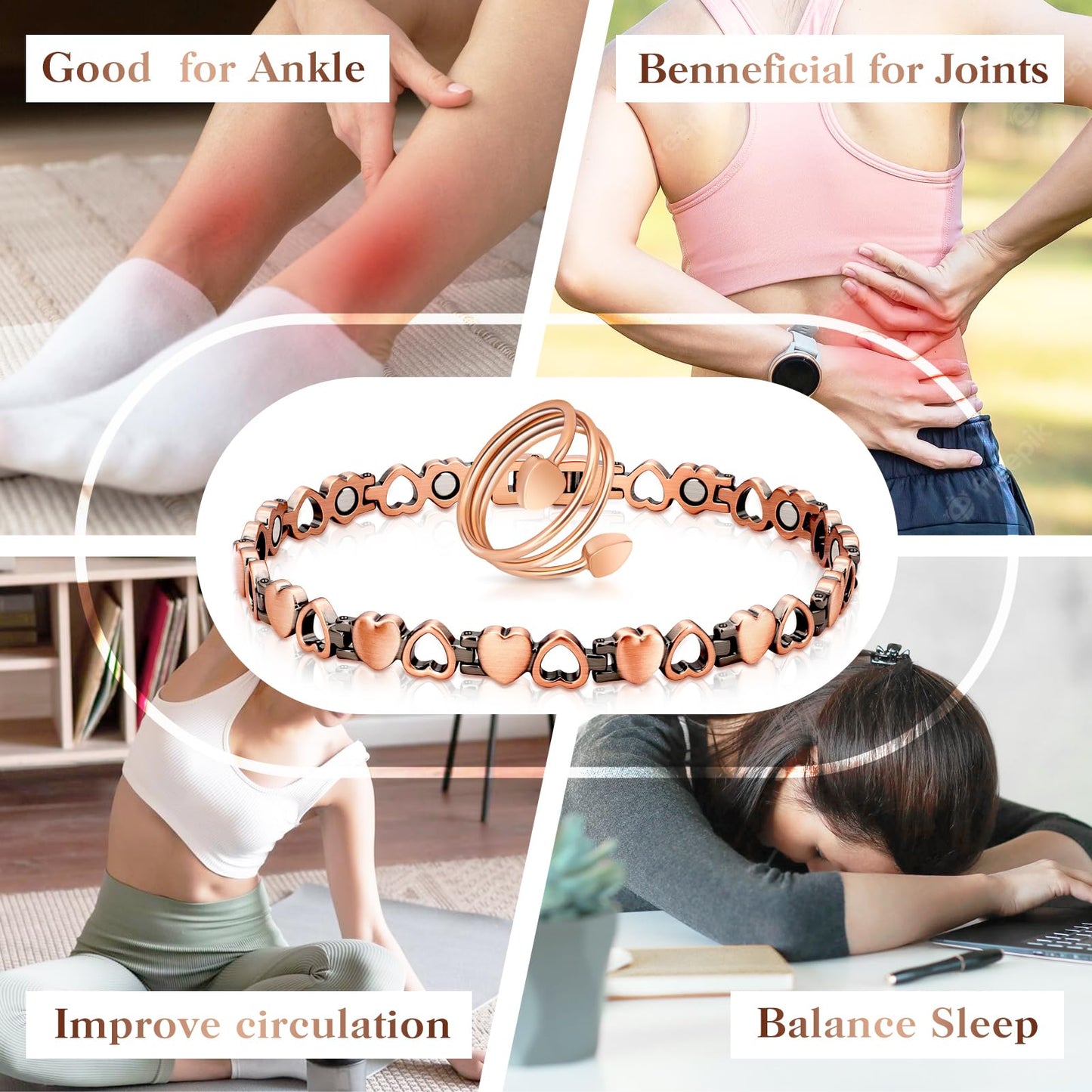 Copper Anklet for Women Magnetic Ankle & Lymphatic Drainage Ring with 3500 Gauss Magnets 100% Solid Pure Copper Jewelry Gift with Adjustment Tool(Heart Degisn)