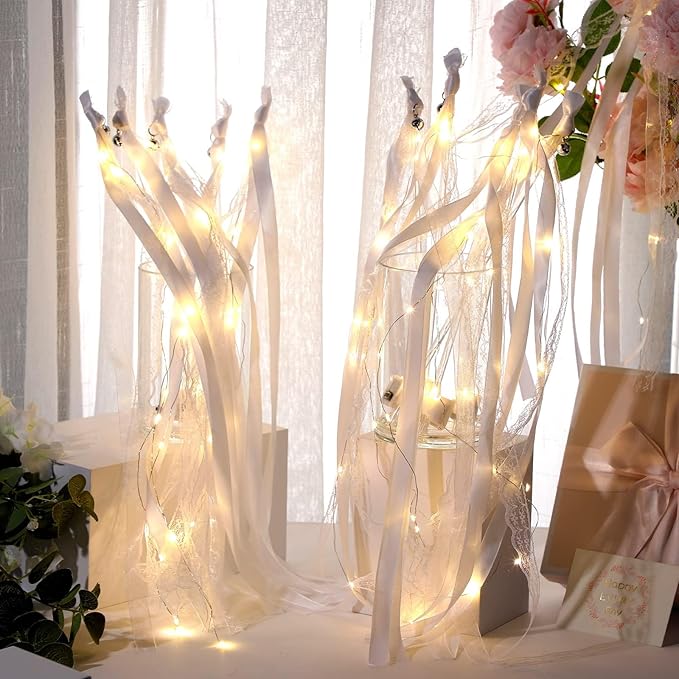Unittype Wedding Wands Ribbon Streamers with Bells LED Fairy Light up Silk Fairy Wand Glow in the Dark Flashing Lace Stick for Wedding Birthday Party Favors (Ivory & Warm White LED,100 Pieces)