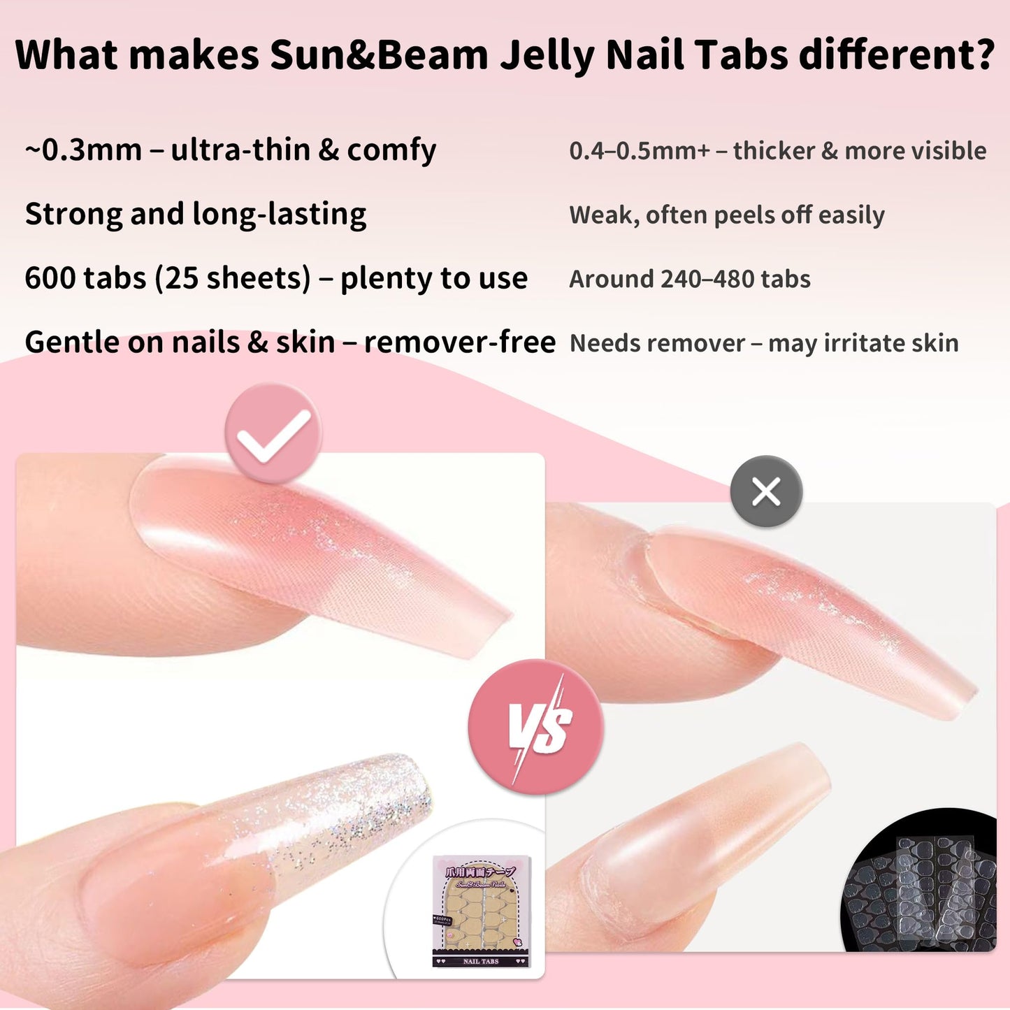 Sun&Beam Nails Jelly Nail Tabs for Press-On Nails 0.3mm Ultra-Thin Waterproof Adhesive 600pcs Strong Hold Double Sided Tabs for Finger (Tool Set with Case)