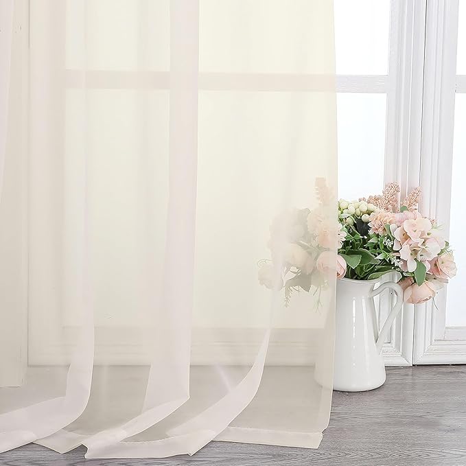 Lecloud Cream Sheer Curtains 50 Inch Length 2 Pcs, Rod Pocket Light Filtering Voile Rustic Farmhouse Bedroom Curtains, Airy Solid Window Drapes for Bathroom Basement, Each Panel 42" W x 50" L