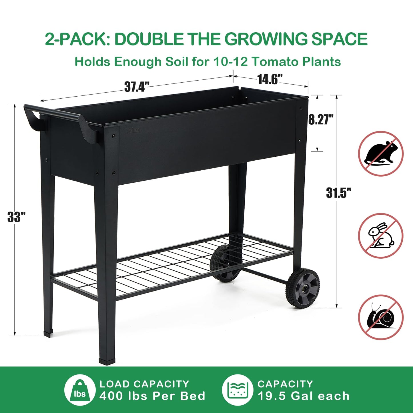 FOYUEE 2-Pack 32”Height Elevated Raised Garden Bed with Wheels & Storage Shelf, 400 Lbs Capacity, Anti-Rust, Space-Saving Planter for Vegetables, Herbs, Patio, Balcony, Backyard