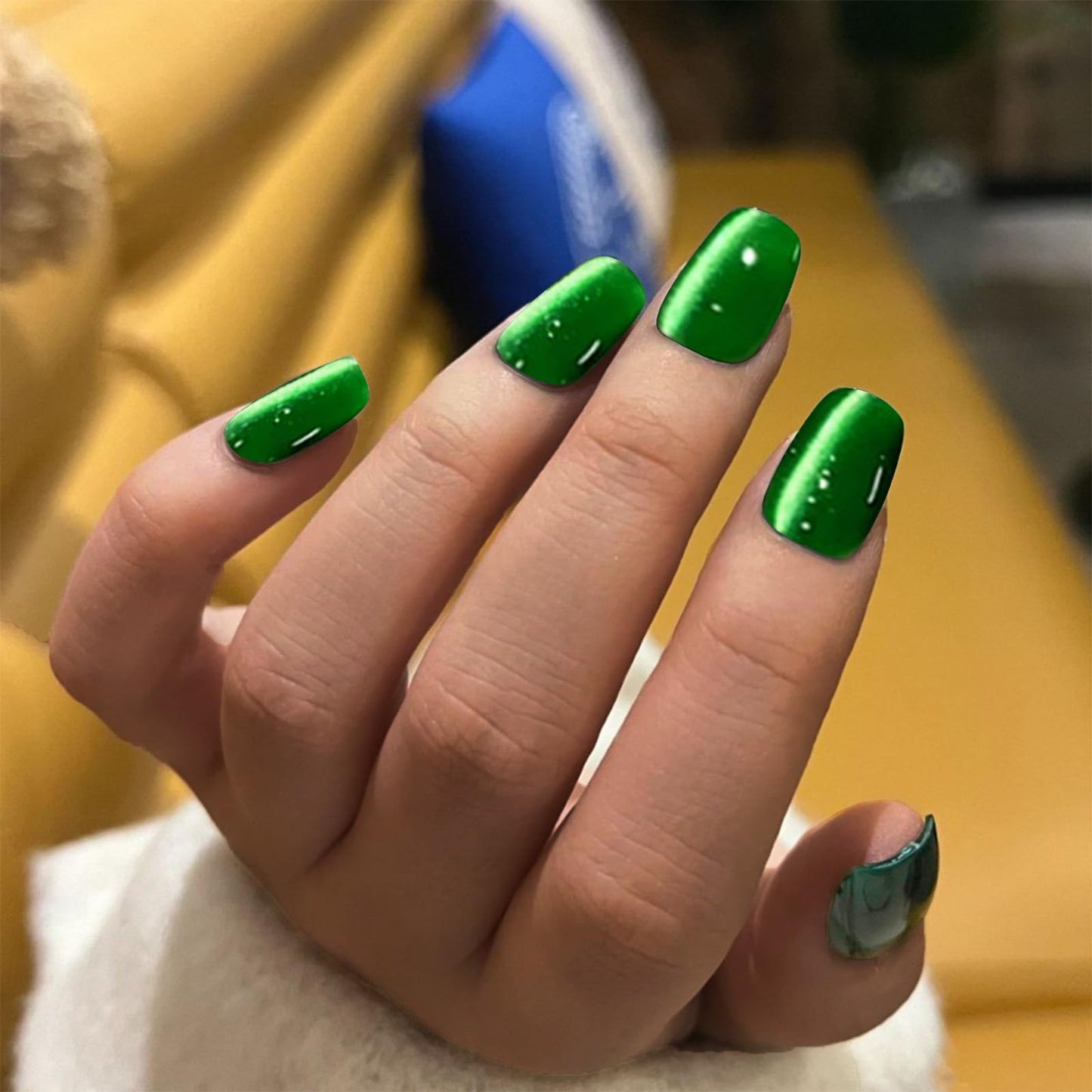 Green Press on Short Square Glitter Nails With Designs - Bling Coffin Acrylic Full Cover Glossy Artificial Stick on Nails for Women Manicure - 24pcs
