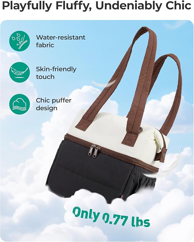 BAGSMART Double Deck Lunch Bag Women, Insulated Reusable Lunch Box, Quilted Puffer Lunch Tote with Shoulder Strap, Durable Large Lunch Cooler For Work Picnic Travel Meal Prep Flight, Beige + Black