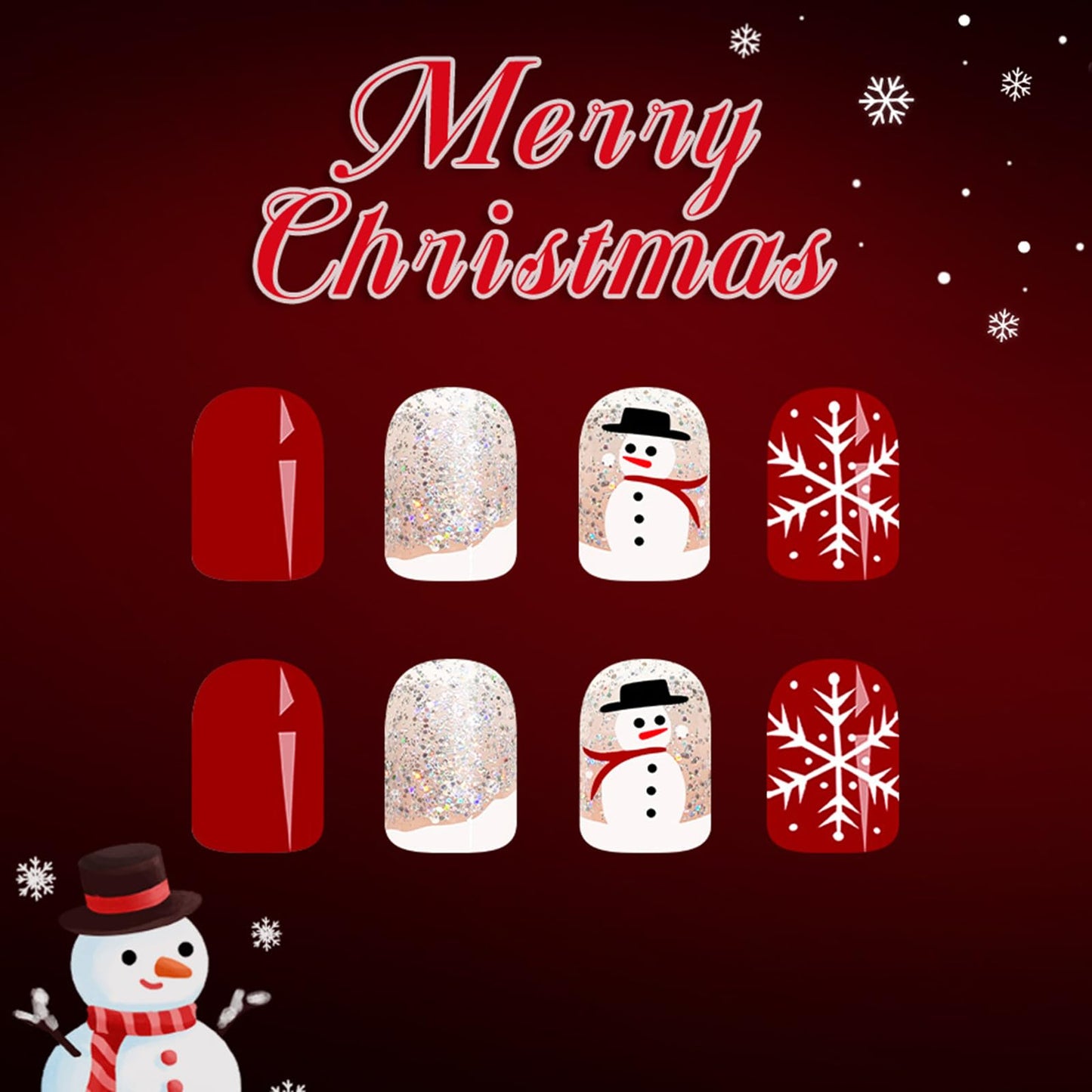 Christmas Press on Nails Short Square Fake Nails with White Snowflake Snowman Design Silver Glitter Xmas Red Full Cover Glossy False Nails Press ons Glue on Nails for Girls 24Pcs