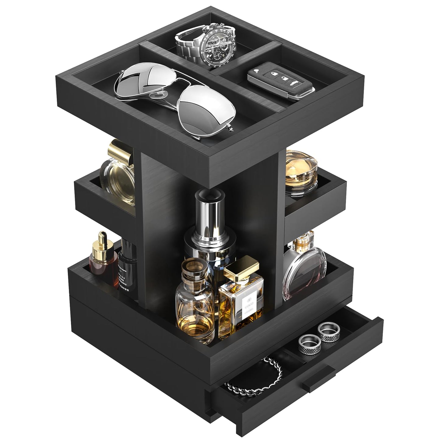 Cologne Organizer for Men, Cologne Stand, 3 Tier Wooden Perfume Organizer, Rotating Mens Cologne Shelf with Drawer, Fragrance Display Holder Desk Organizer, Gift Ideas for Men Him Dad Husband