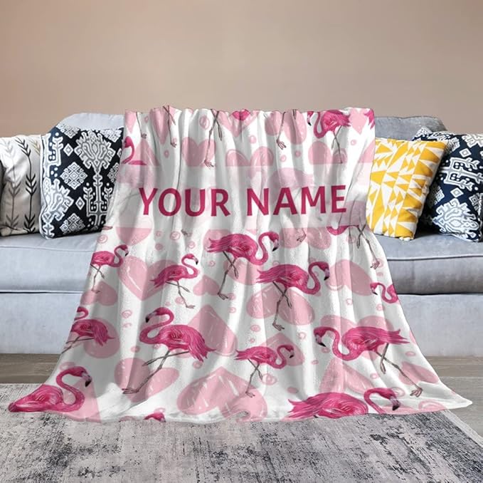 Custom Flamingo Blanket Gifts with Name - 60 x 80 Inches Cute Flamingo Throw for Adults - Light Pink Soft Fuzzy Plush Blankets for Bed