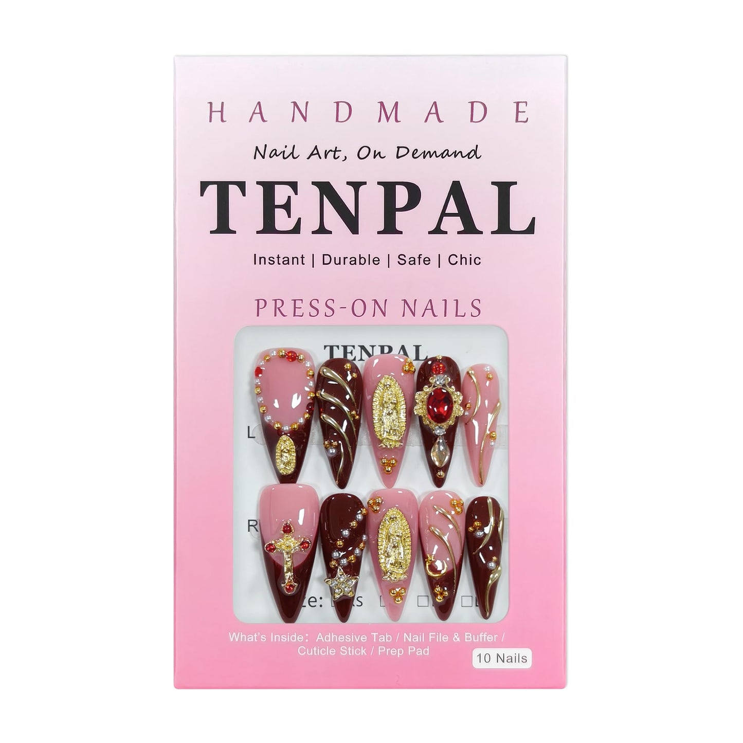 TENPAL Handmade Press on Nails Long Stiletto - Nude Pink Wine Cross Design Fake Nails with 3D Religious Charm | Acrylic Glossy Icy False Nails with Tools | Chapelcore Y2K Nails(M)