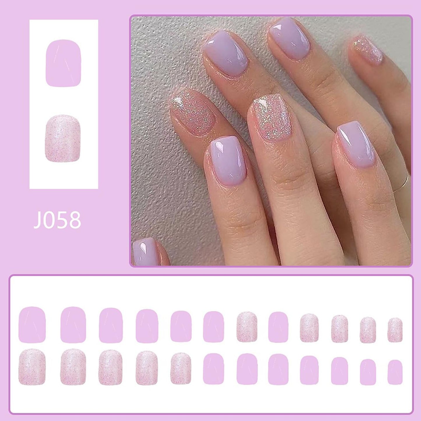 Purple Press on Nails Short Square MABKJLF Fake Nails False Nails with Designs Glitter Solid Colour Full Cover Glossy Glue on Nails Natural Nails Acrylic Nails for Women Girls 24 Pcs