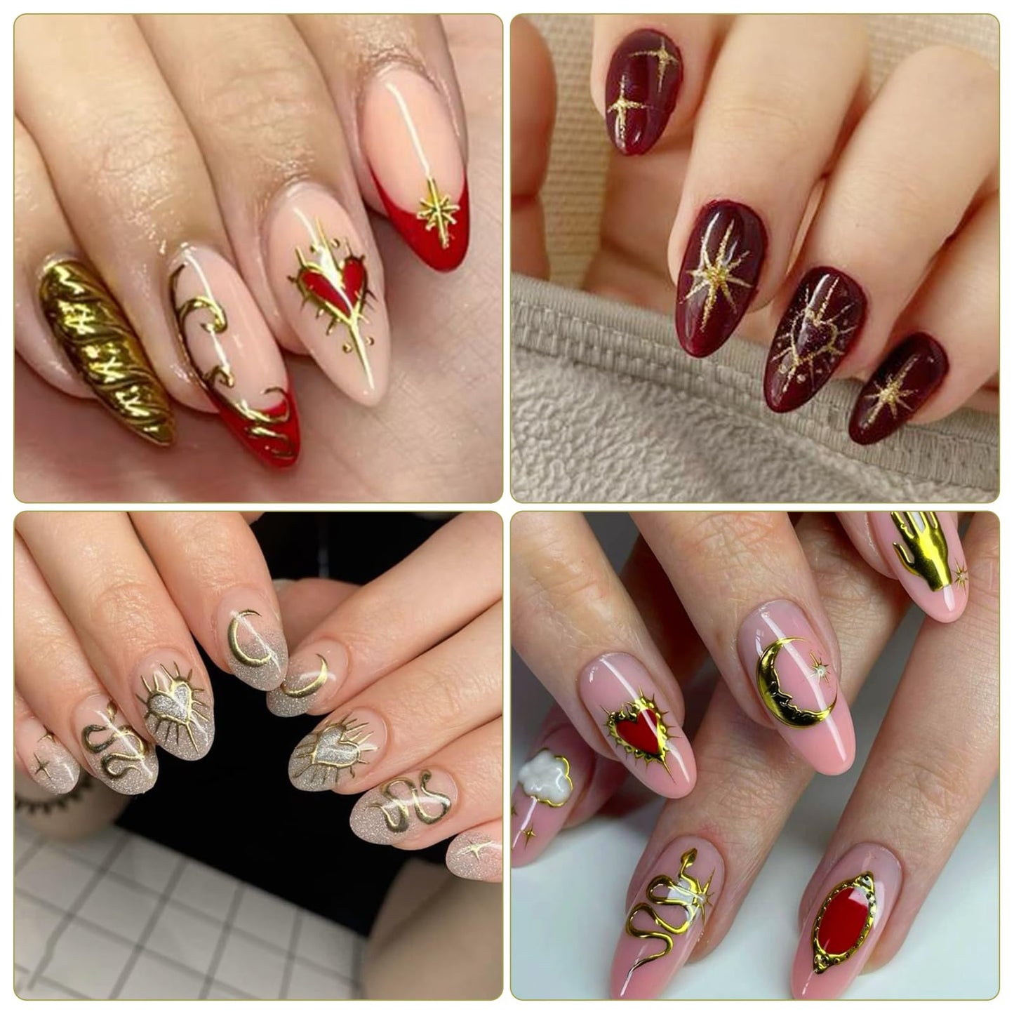 IDDFEVE 9 Sheets Gold Heart Nail Art Stickers - Valentines Day Self-Adhesive 3D Nail Decals for DIY Golden Silvery Manicure