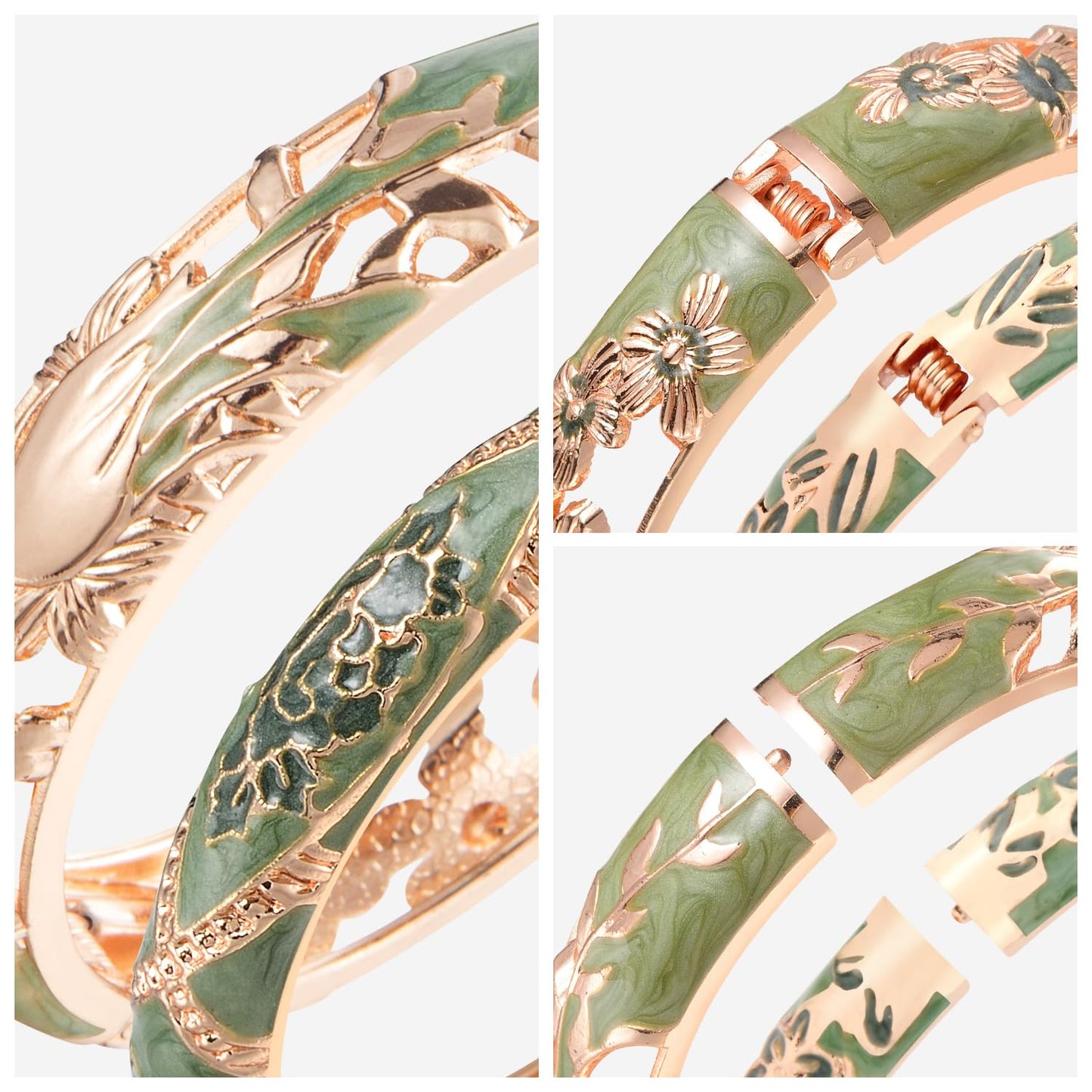 wynameleri Vintage Cloisonne Jewelry Gorgeous Rhinestone Handcrafted Bracelets Enamel Flower Bird Hinged Cuff Bangles Gifts 88A31-55A128 Green
