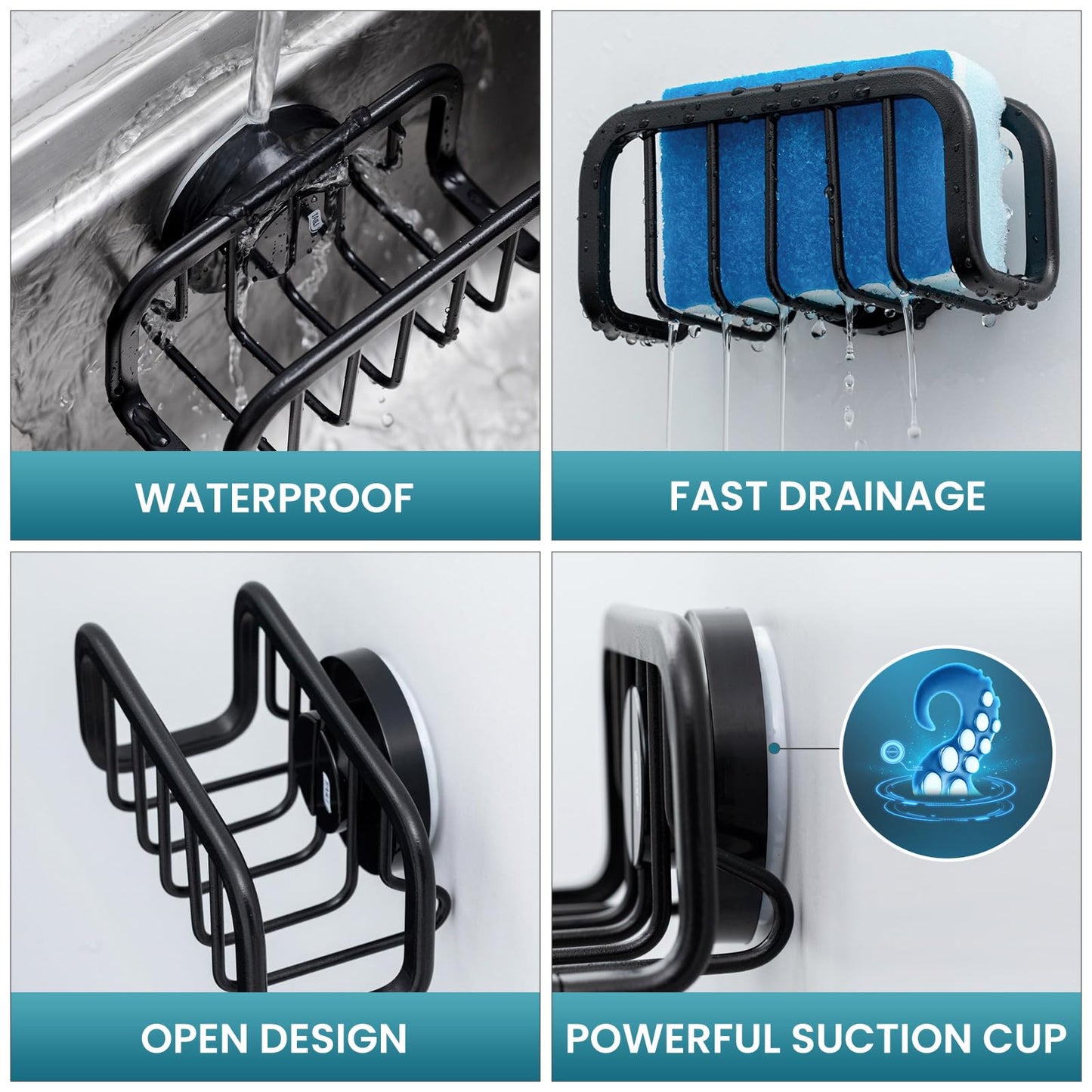 TAILI Sponge Holder for Kitchen Sink with Strong Suction Cup, Removable Sponge Holder, Rustproof Aluminum Sink Caddy for Sponges, Dish Brush - Black