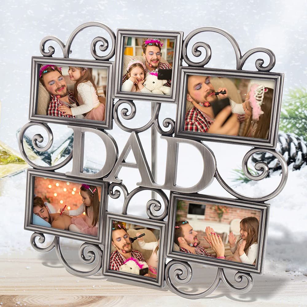 LASODY Dad Picture Frame,Cherish Every Memory,6 opening photo collage,Antique Silver,Father Day Giftsasody Fathers Day And Mothers Day Collage Picture Frame (3”X2“+2“x2", Dad)