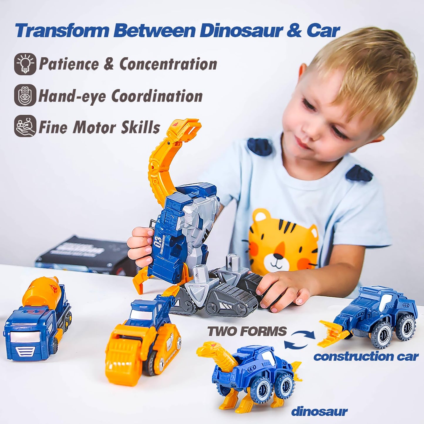 Fuzzy Pixie Toddler Construction Car Transform Set, 5pcs Dinosaur Rescue Robot with Magnetic Connectors, Assemble Building Trucks DIY STEM Toy, Birthday Present for Kids Boy Girl 3 4 5 6 7 Year