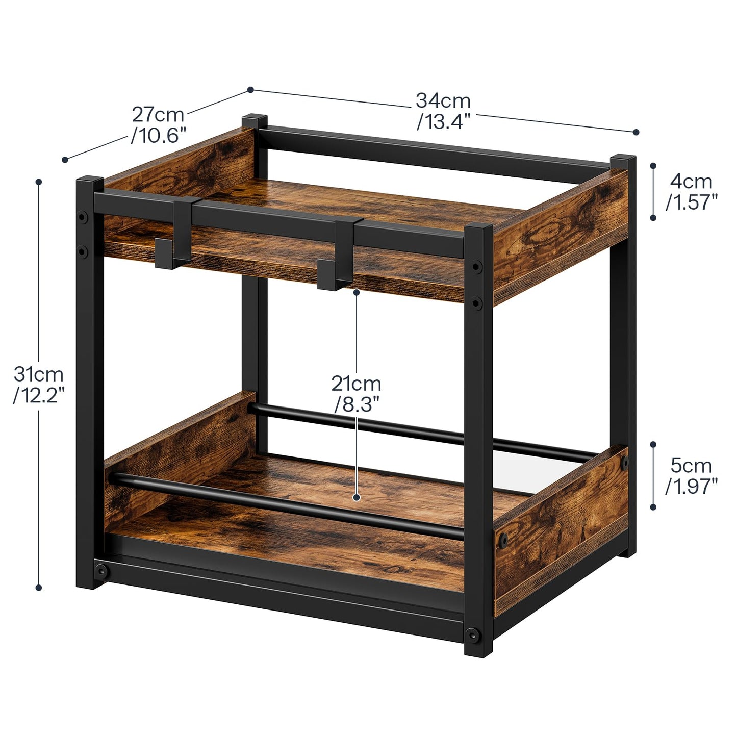 HOOBRO Kitchen Countertop Organizer, Corner Shelf Organizer, 2-Tier Spice Rack with Pull-Out Shelf and Hooks, for Kitchen, Office, Study, Bedroom, Living Room, Rustic Brown and Black BF08TL01