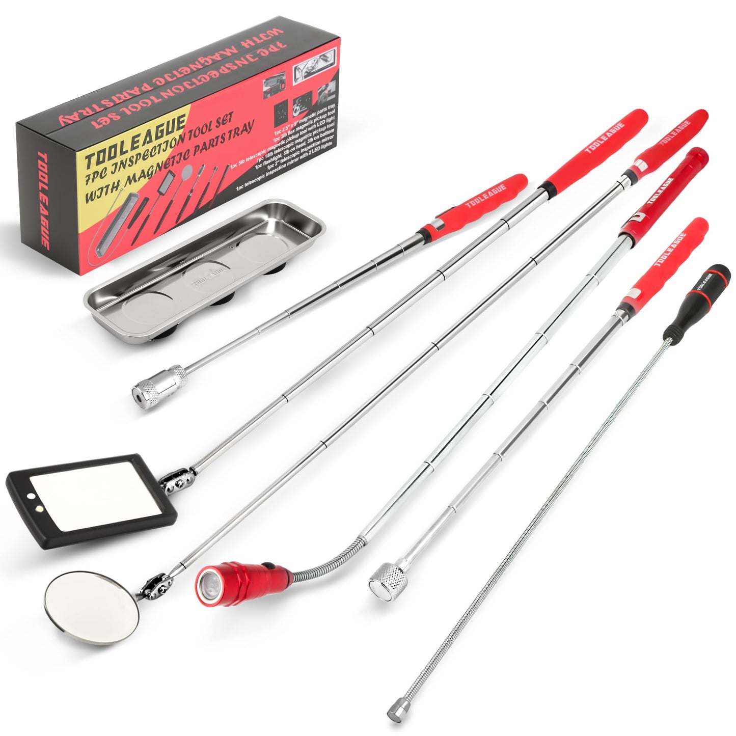 TOOLEAGUE 7Pcs Telescoping Magnetic Pickup Tool Set, Extendable LED Flashlight,Round & Square 360° Inspection Mirror for Men Mechanics, and Handymen, Red