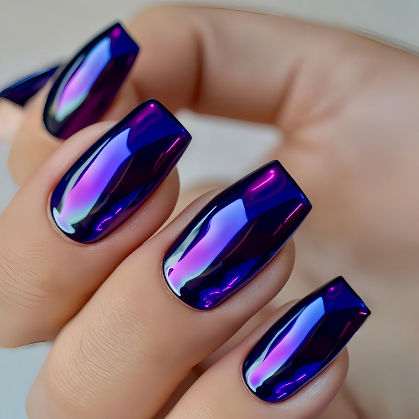 Purple Electroplated Press on Nails Medium Square Fake Nails Designs Chrome-Plated False Nails Deep Purple Mirror Metal Full Cover for Women Girls Daily Wearable Manicure Decoration 24Pcs