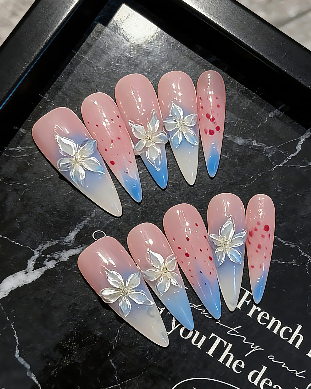 CAMILCY Luxury Handmade Press on Nails Pink Blue Gradient Stiletto nail Cherry Blossom Glitter Fake Nails with 3D White Flower Acrylic Glossy Reusable Elegant Artificial Nails for Women (A022, S)