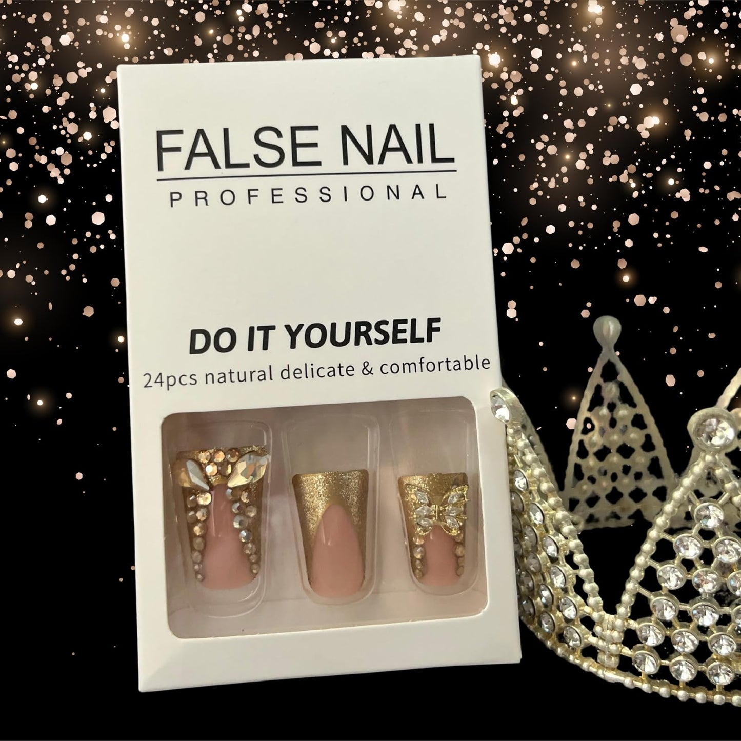 French Tip Junk Press on Nails Short Duck Square Fake Nails with Butterfly Charms Designs False Baddie Nails Cute Rhinestones Stick on Nails for Women 24Pcs (Designs, gold buterfly)