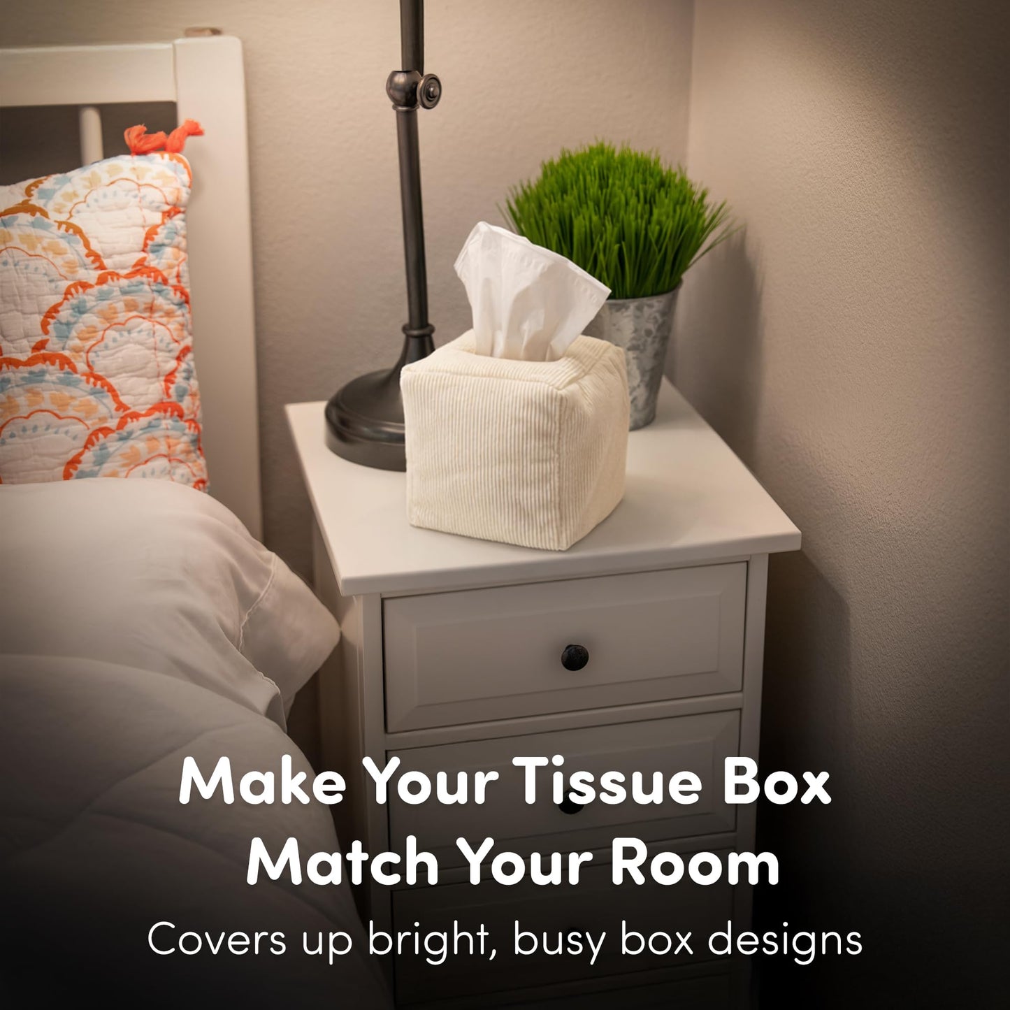 TOGI Corduroy Tissue Box Cover - Soft & Puffy Cube Design Adds a Warm, Cozy Touch - Soft Tissue Box Cover Square Fits Standard Square Boxes from Everyday Brands - Cozy Home & Office Decor (Cream)