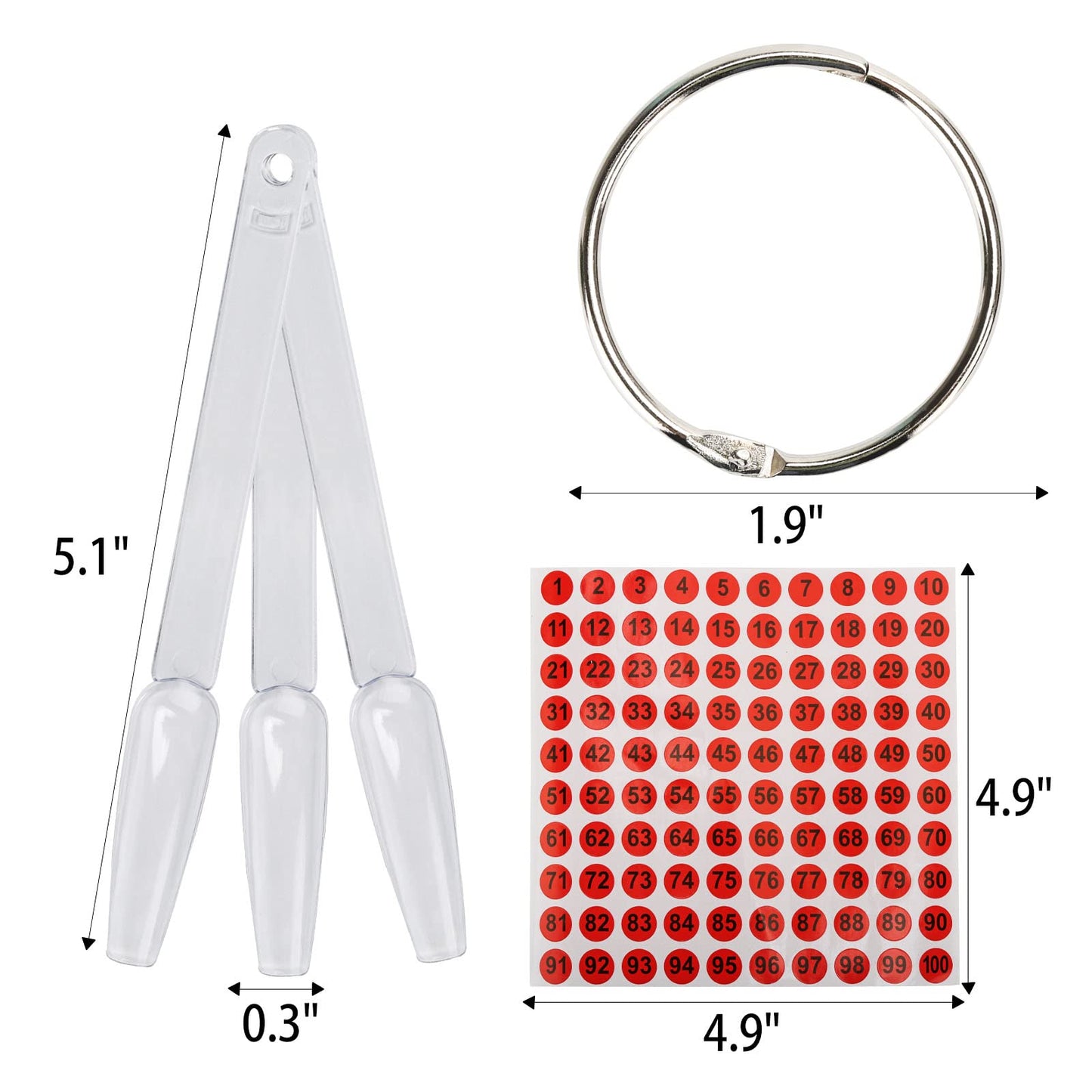 300 Pcs Nail Swatch Sticks with Number Stickers, Clear Fan-shaped Nail Polish Color Sample Sticks Display, Practice Nails Sticks with Ring for Board Home