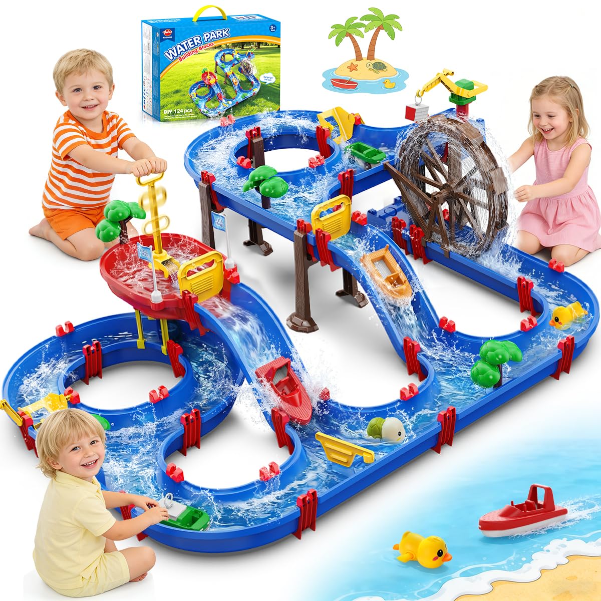 VATOS 2-Tier Watermill Summer Water Table, 124 PCS DIY Water Table with Water Pump Toys for Toddlers 3-5 4-7 Years Old, Fun Water Playset Outdoor Water Summer Toys for Backyard, Beach, Balcony, Garden
