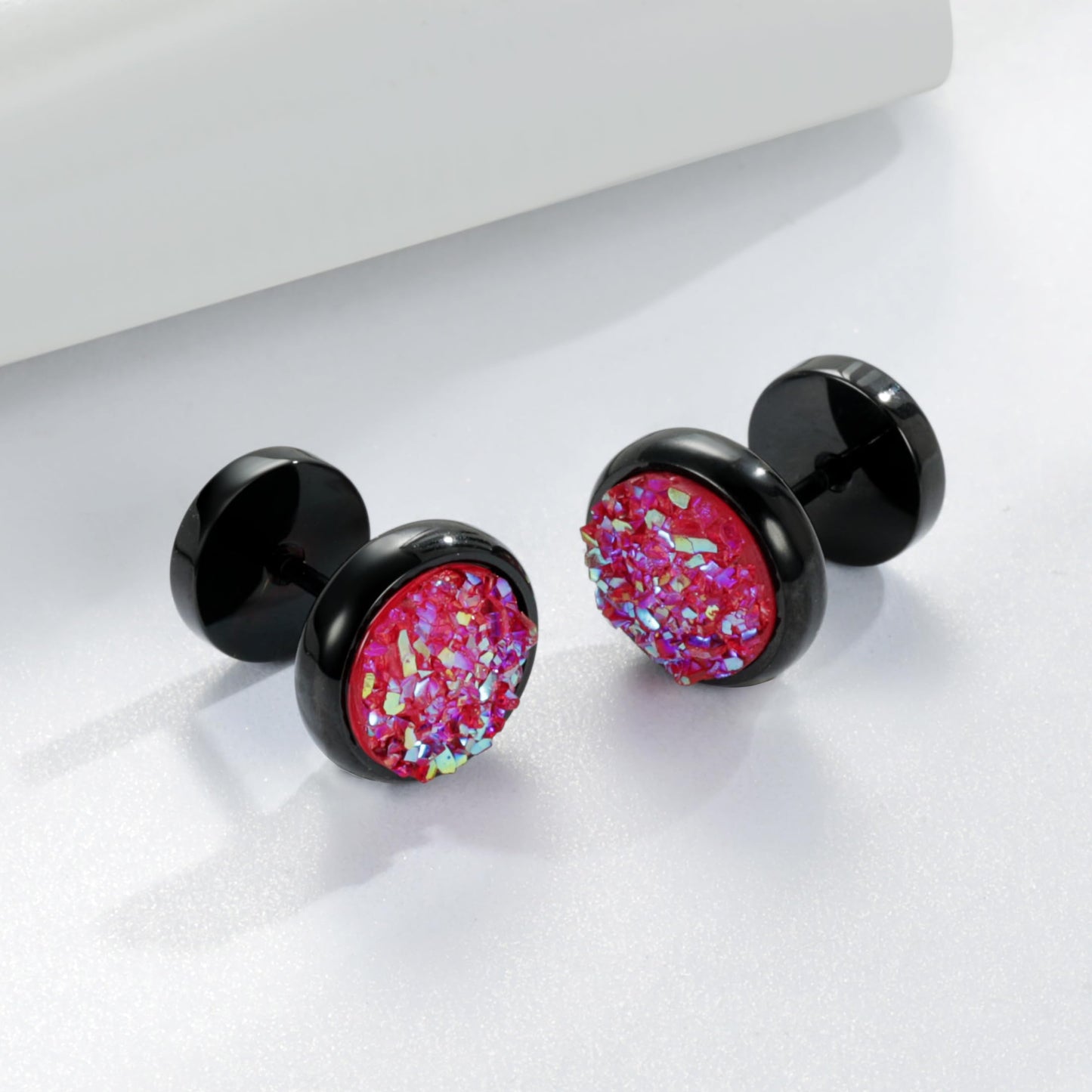 Titanium Screw Flat Back Earrings Glitter Cheater Studs Big Barbell Dot Disc Hypoallergenic, Titanium, pink druzy