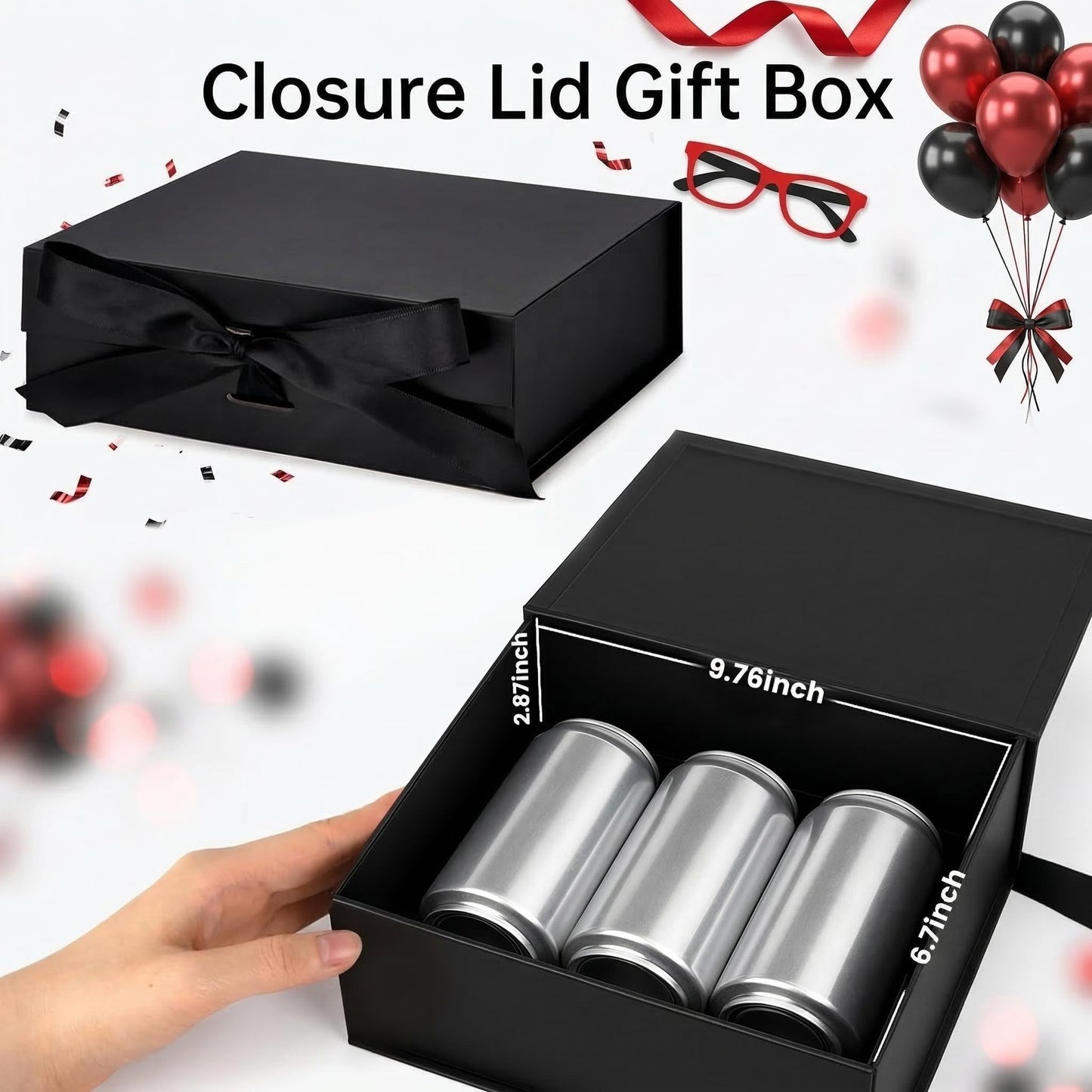 VGOODALL Black Gift Box,10.5 x 7.5 x 3.1 inches Gift boxes for Presents with Lids, Magnetic Closure Collapsible Groomsman Proposal Box with Ribbon Used for Birthday, Anniversary