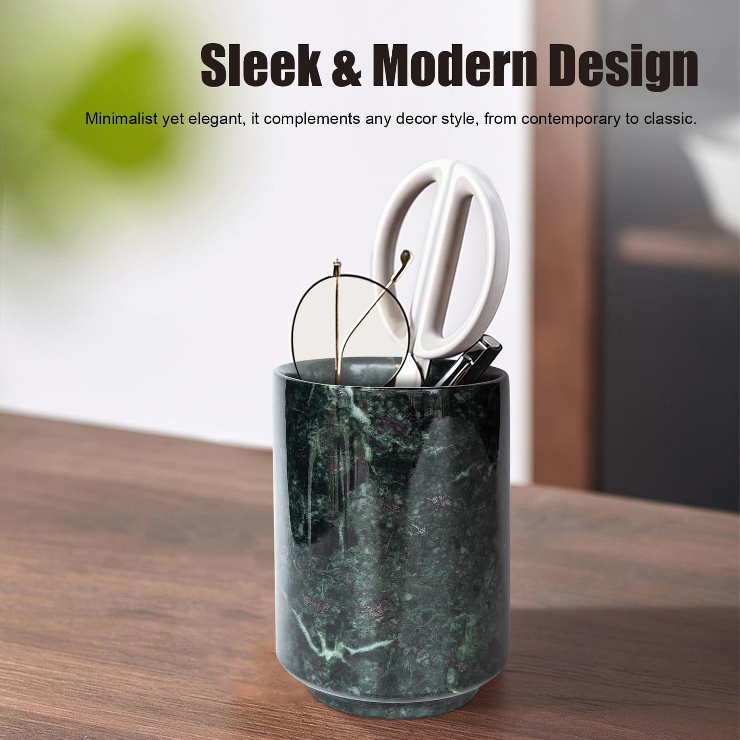 Genaetyg Handcrafted Green Marble Tumbler Cup | Multi-Use Organizer for Pens, Makeup Brushes, Toothbrush | Home Office Bathroom Vanity Decor, 4 Inches