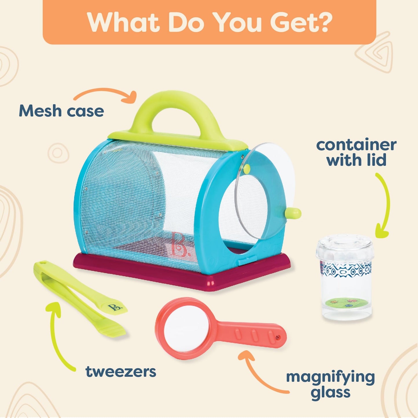 B. toys – Bug Bungalow Insect Catching Kit with Mesh Case, Magnifying Container, Tweezers & Magnifier – Educational Outdoor Toys for Toddlers – Nature Exploration Set for 3+ Years