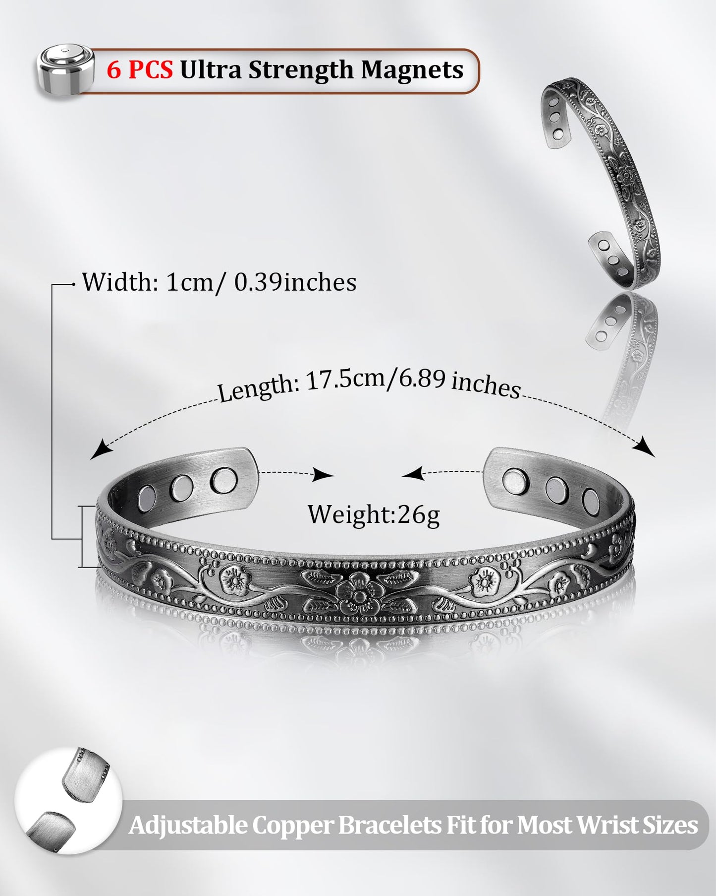 BioMag 2 Pcs Magnetic Copper Bracelets for Men, 99.99% Pure Copper Cuffs with 3500 Gauss Magnets, Adjustable Size, Intricate Floral Pattern, Antique Silver