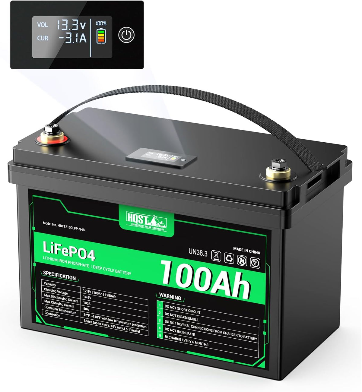 HQST 12 Volt 100Ah Lithium Iron Phosphate Battery with LED Meter, LiFePO4 Battery, 10 Year Lifetime, Low & High Temp Protection, Supports in Series and Parallel, for RVs, Trolling Motors, Boats,Marine
