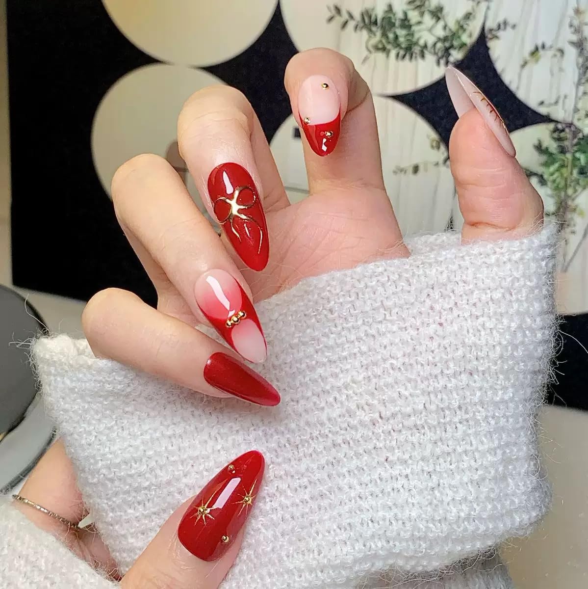 Red Press on Nails Almond - Handmade Fake Nails with Heart Bow Design - Medium, French Tip False Nails for Women - (Size M)
