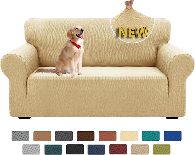 XINEAGE 2026 New 1 Piece Couch Covers for 2 Cushion (55"-69") Stretch Loveseat Sofa Cover Slipcover Jacquard Universal Furniture Protector with Elastic Bottom for Kids,Dog (Loveseat, Beige)