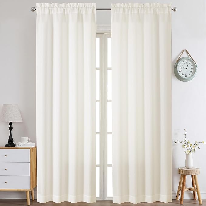 Chyhomenyc Light Filtering Curtains 90 Inch Length 2 Panels Set, Faux Linen Textured Soft Airy Privacy Yellowish Farmhouse Curtain Drapes for Living Room, Each 40Wx90L Inches, Cream???prev. Ivory???