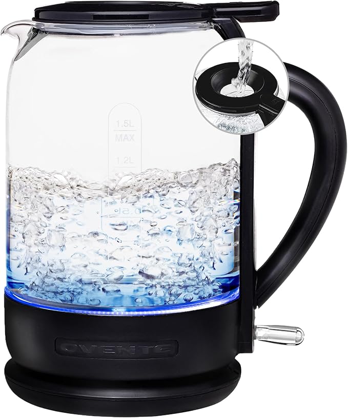 OVENTE Electric Kettle with 1.5L Borosilicate Glass, 1500W Fast Boiling Water Heater for Coffee or Tea, Easy to Fill Lid, Auto Shut-Off, Boil-Dry Protection & Stainless Steel Filter, Black KG516B